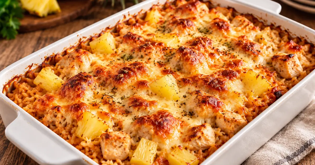 Hawaï-ovenschotel met kip, ananas en smeltkaas in een ovenschaal met goudbruine kaaskorst