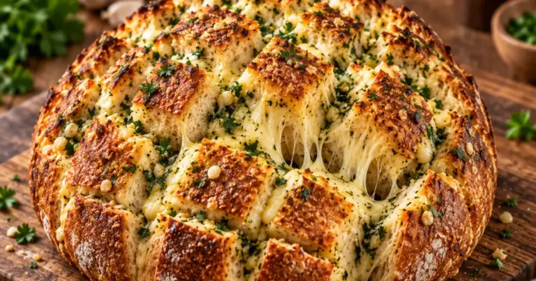 Gevuld borrelbrood met knoflookboter en kaas op een bakplaat
