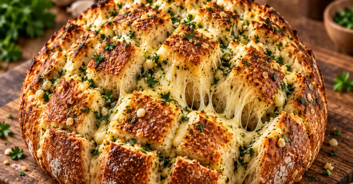 Gevuld borrelbrood met knoflookboter en kaas op een bakplaat
