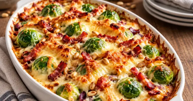 Spruitjes-gratin met spekjes en gesmolten kaas in een ovenschaal