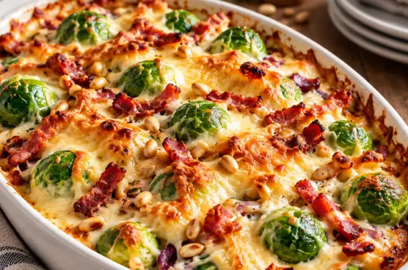 Spruitjes-gratin met spekjes en kaas