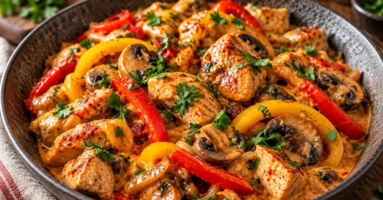 Herfst kip stroganoff met paprika in een pan met rijst