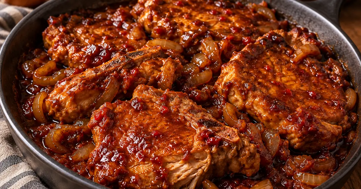 Karbonade in de slowcooker met pittige ketjapsaus op een bord met rijst