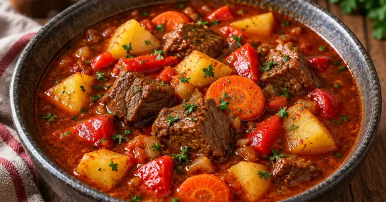 Kom goulashsoep met mals rundvlees, aardappel en rode paprika, bestrooid met peterselie