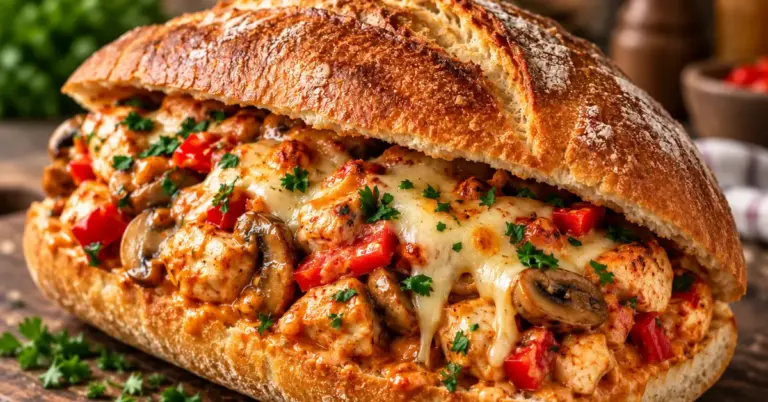 Broodje hete kip uit de oven met gesmolten kaas en verse peterselie op een bakplaat