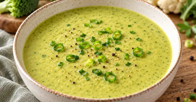 Romige helende broccoli- en bloemkoolsoep in een kom met groene ui