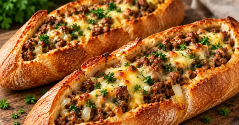 Stokbrood gevuld met gehakt, kaas en ui, in plakken gesneden op een bakplaat