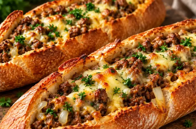 Stokbrood gevuld met gehakt, kaas en ui