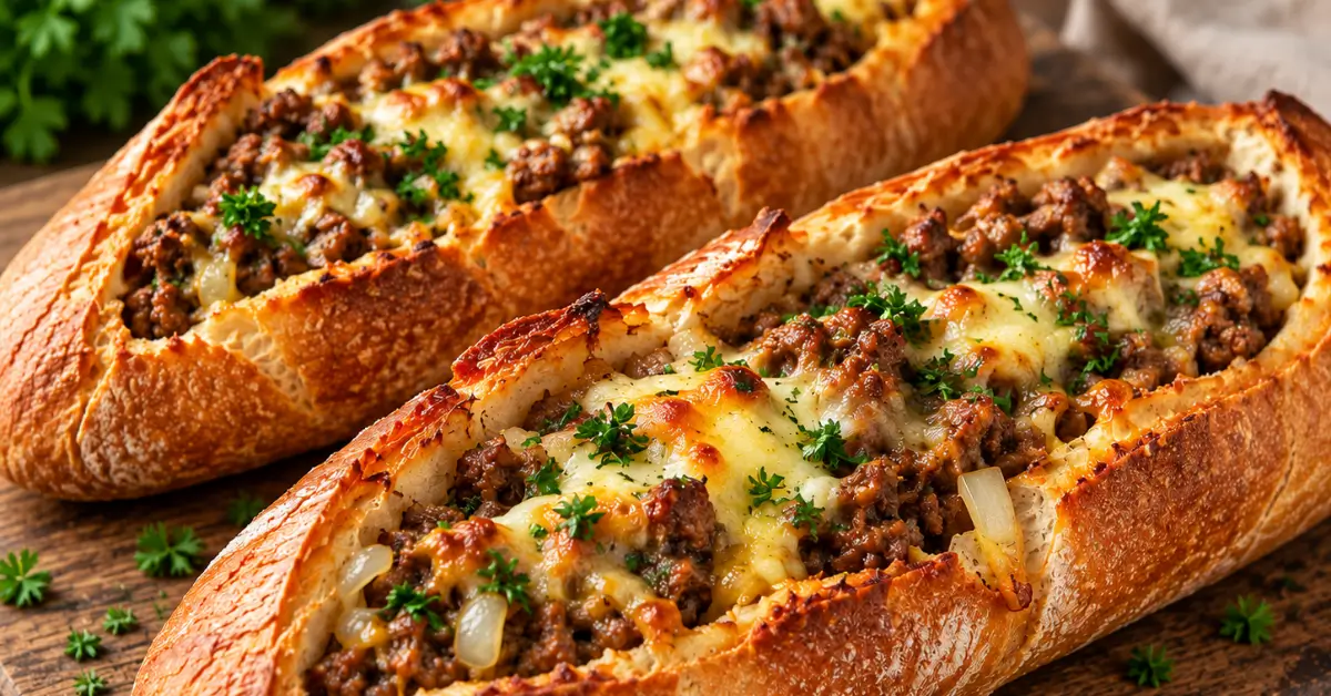 Stokbrood gevuld met gehakt, kaas en ui, in plakken gesneden op een bakplaat
