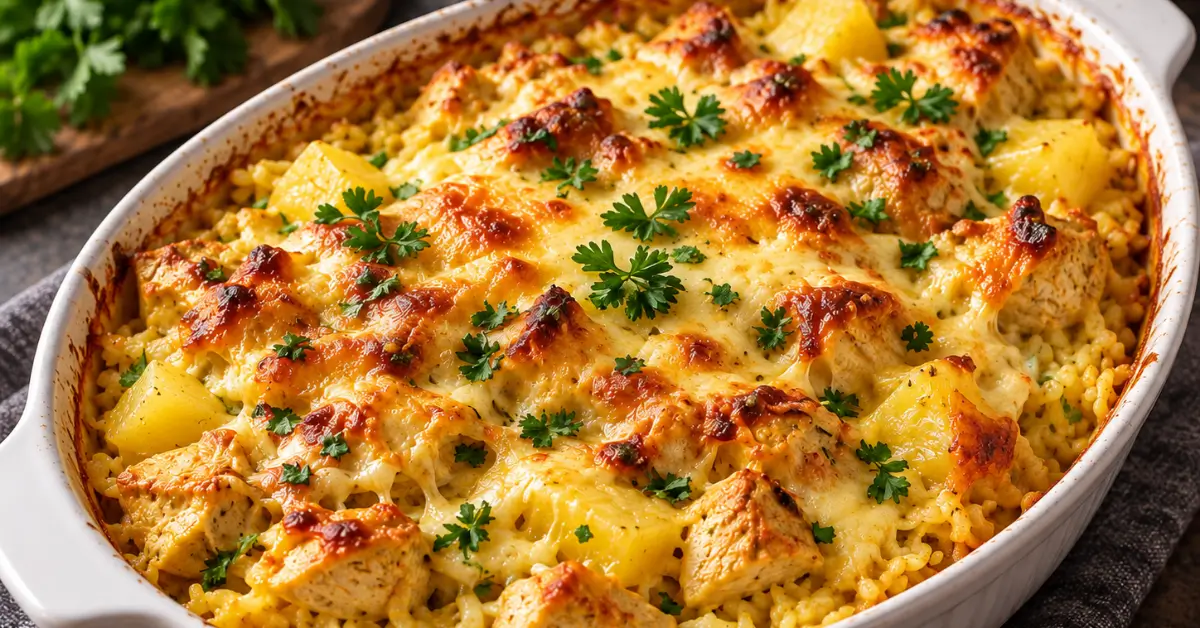 Kip-kerrie ovenschotel met ananas en gesmolten kaas in een ovenschaal