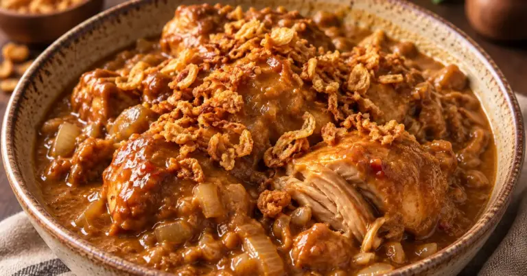 Pindakip uit de slowcooker met rijst en gebakken uitjes