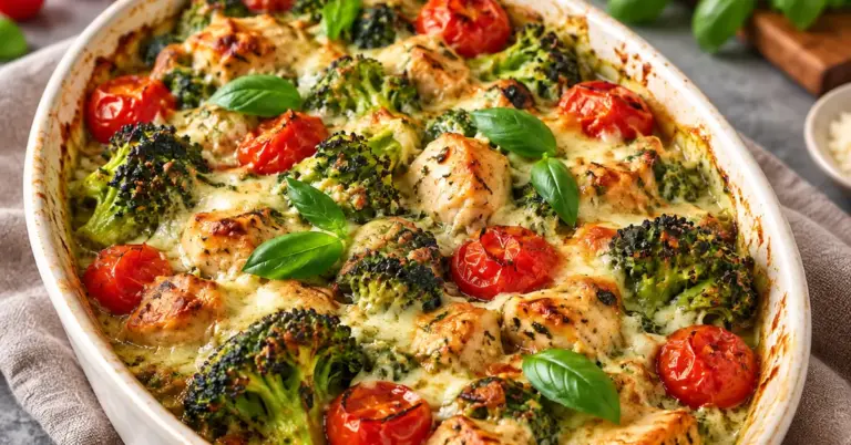 Italiaanse ovenschotel met kip en broccoli in een ovenschaal met gesmolten mozzarella
