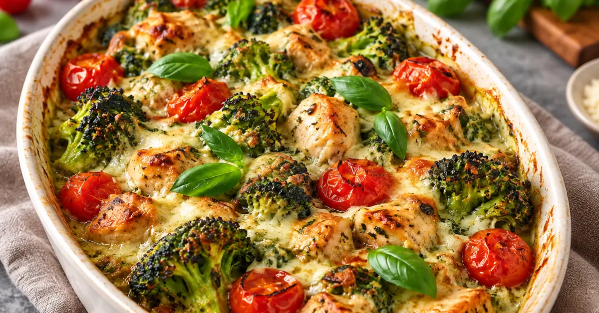 Italiaanse ovenschotel met kip en broccoli in een ovenschaal met gesmolten mozzarella