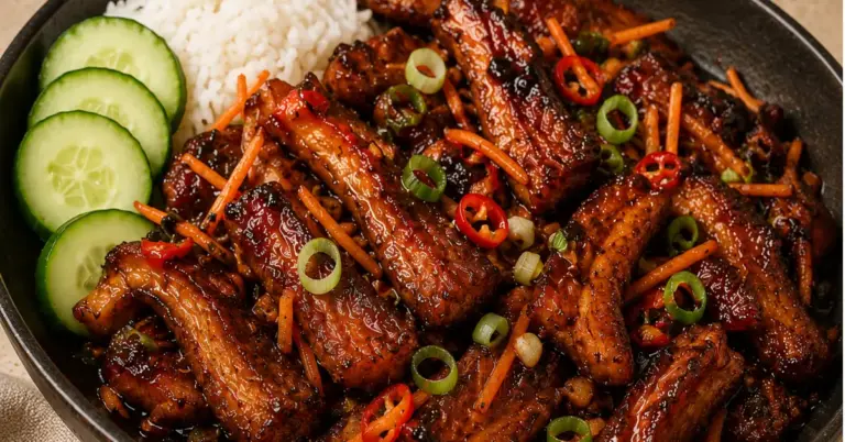 Indische speklapjes in een kleverige ketjapsaus met rijst en komkommer
