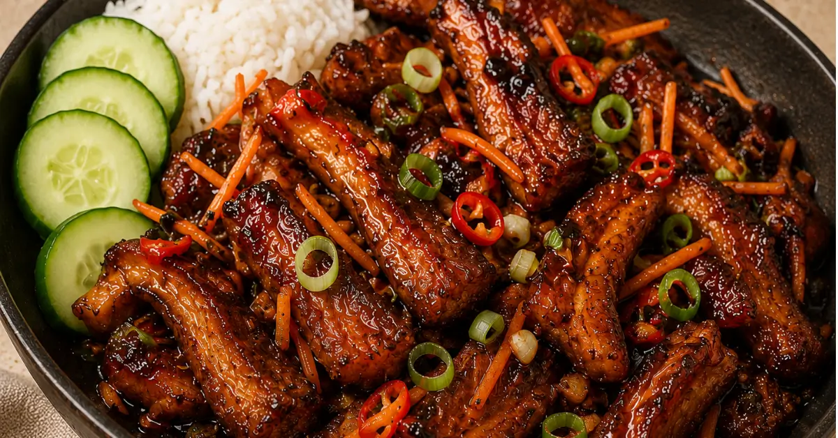 Indische speklapjes in een kleverige ketjapsaus met rijst en komkommer