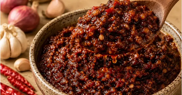 SAMBAL BADJAK in een glazen potje met rode chilipepers