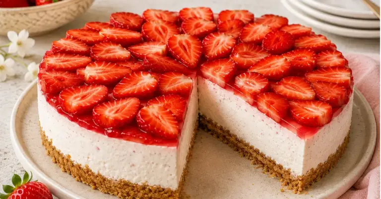 ROMIGE AARDBEIEN-KWARKTAART met verse aardbeien op een koekjesbodem
