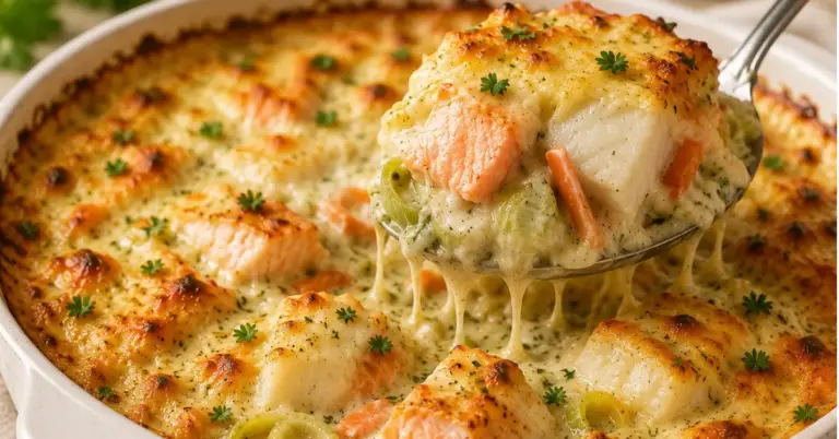 VLAAMS VISPANNETJE UIT DE OVEN met zalm, kabeljauw en een goudbruine kaaslaag