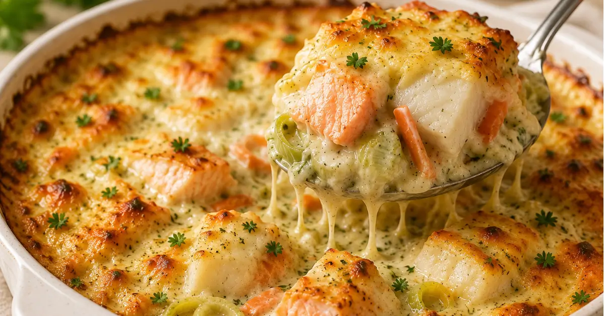 VLAAMS VISPANNETJE UIT DE OVEN met zalm, kabeljauw en een goudbruine kaaslaag