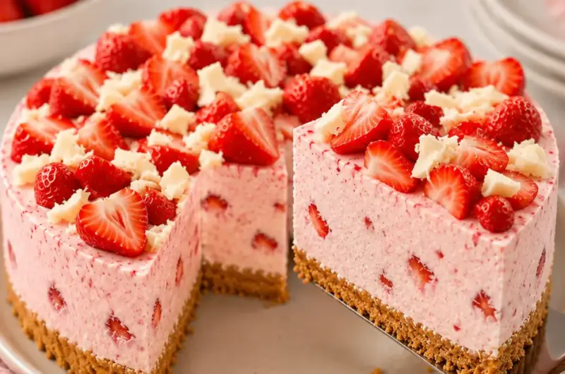 Romige aardbeienkwarktaart met witte chocolade