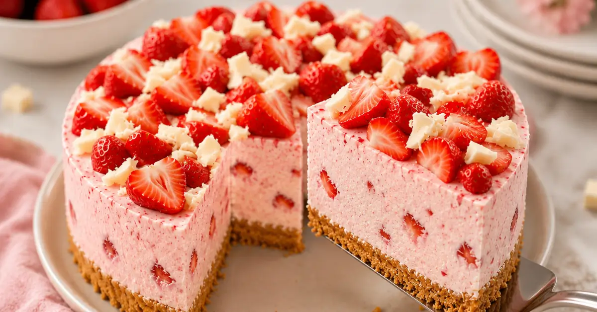 ROMIGE AARDBEIENKWARKTAART MET WITTE CHOCOLADE met verse aardbeien