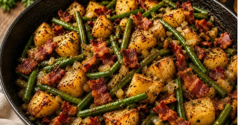 Krokante aardappelen met sperziebonen en bacon in een ruime pan