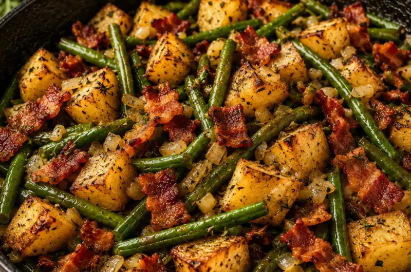 Krokante aardappelen met sperziebonen en bacon
