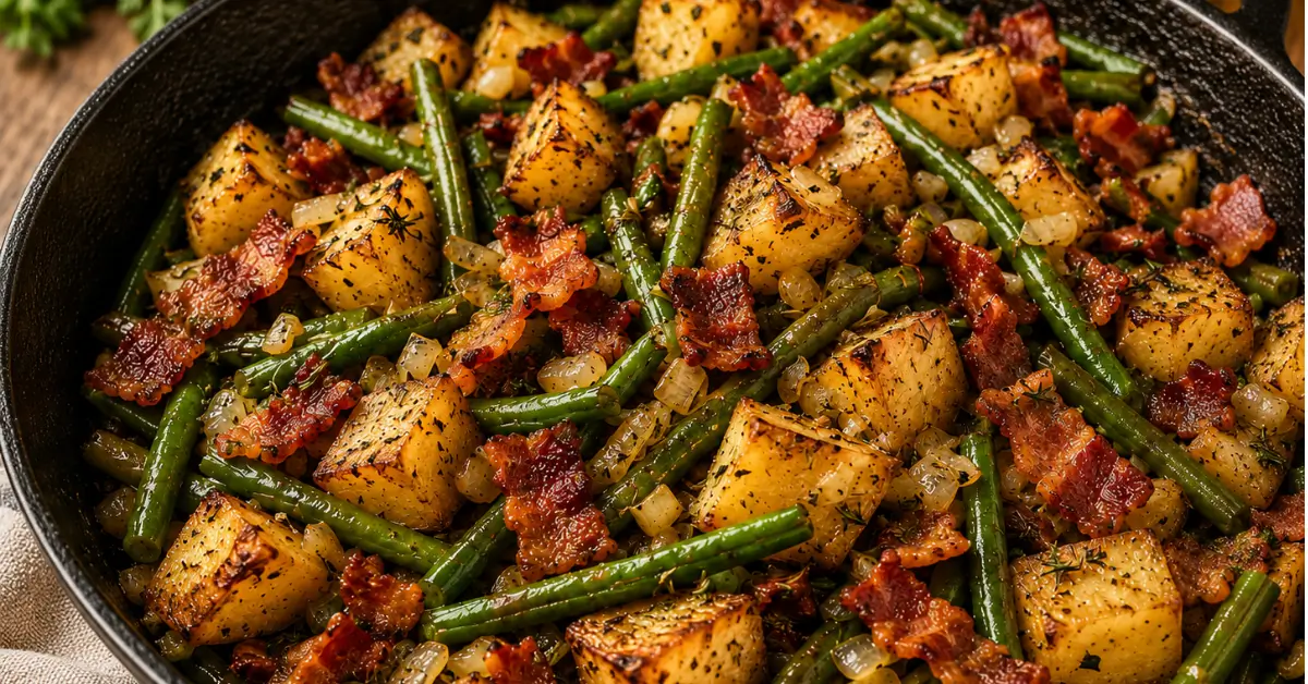 Krokante aardappelen met sperziebonen en bacon in een ruime pan