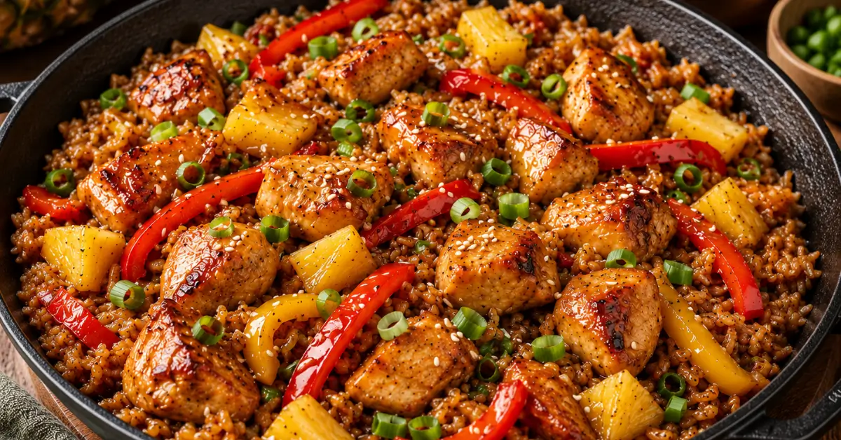 INDONESISCHE KETJAPKIP MET RIJST met paprika, ananas, bosui en sesamzaadjes