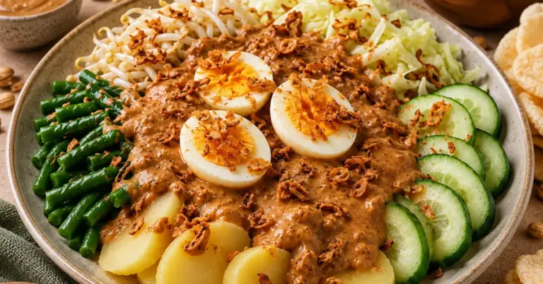 GADO GADO MET PINDASAUS EN EI op een kleurrijke schaal