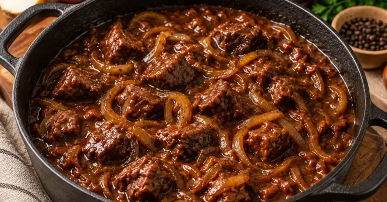 OMA'S HACHEE MET UIEN EN LAURIER in een donkere stoofpan