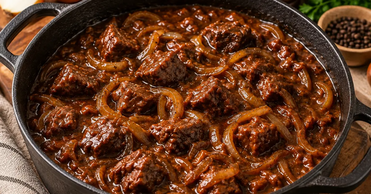 OMA'S HACHEE MET UIEN EN LAURIER in een donkere stoofpan