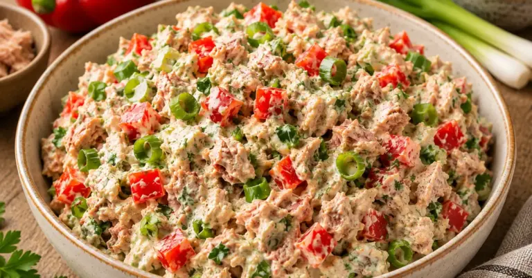 Tonijnsalade met paprika en bosui in een kom
