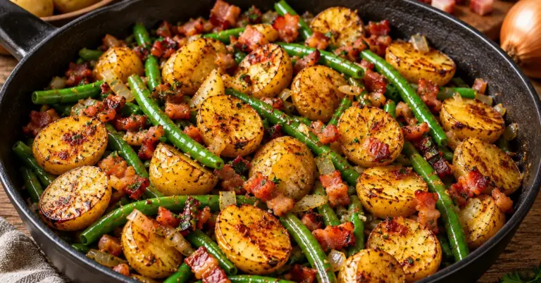 Krokante aardappelen met spek en sperziebonen in een ovenschaal