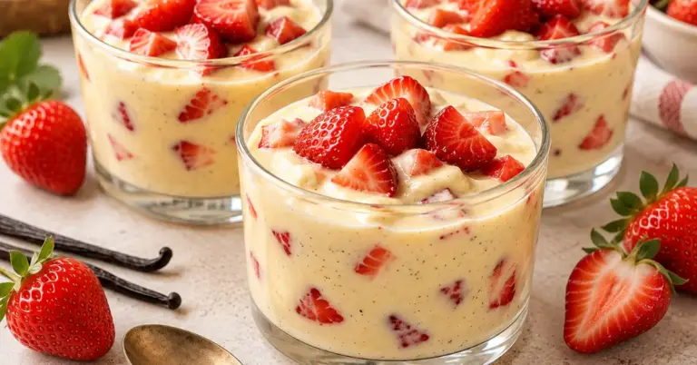 ROMIGE VANILLEPUDDING MET AARDBEIEN in vier glaasjes