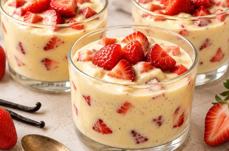 Romige vanillepudding met aardbeien