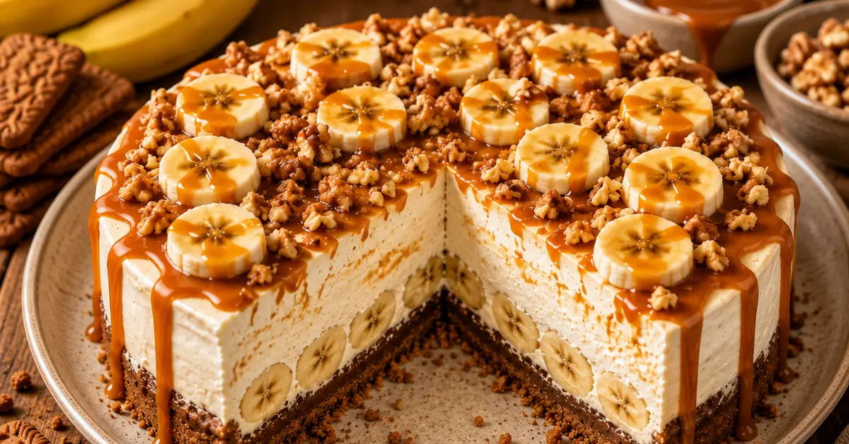 ROMIGE BANANENTAART MET KARAMEL EN SPECULOOS met walnoten