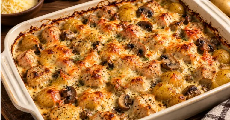 ROMIGE AARDAPPELOVENSCHOTEL MET KIP EN CHAMPIGNONS met goudbruine kaas