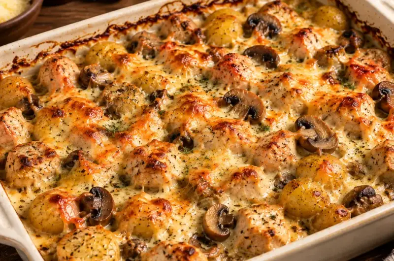 Romige Aardappelovenschotel met Kip en Champignons