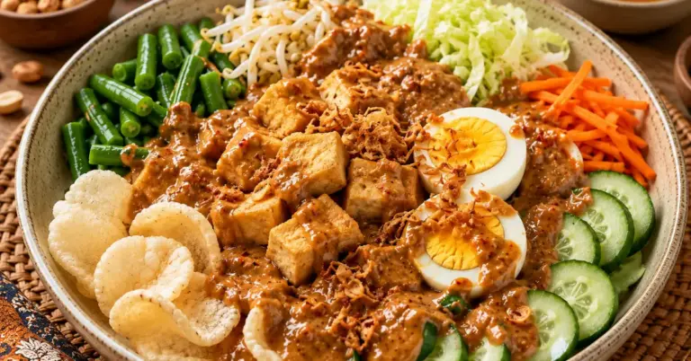GADO GADO MET ZELFGEMAAKTE PINDASAUS met knapperige groenten, tofu en ei