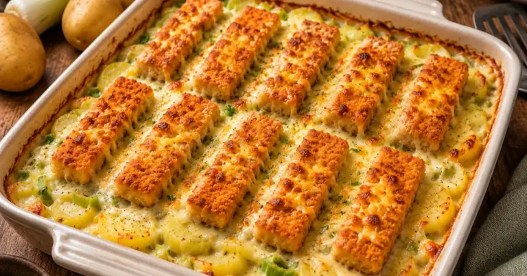 OVENSCHOTEL MET VISSTICKS, PREI EN AARDAPPEL in een ovenschaal