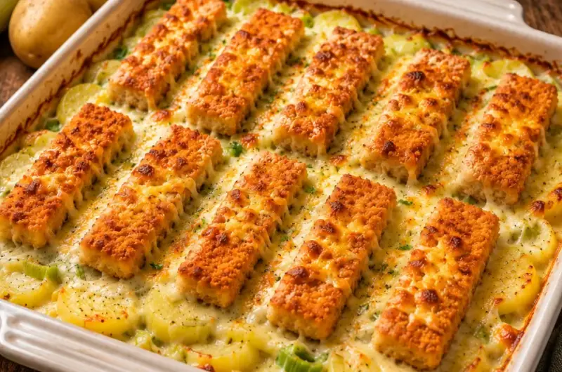 Ovenschotel met vissticks, prei en aardappel