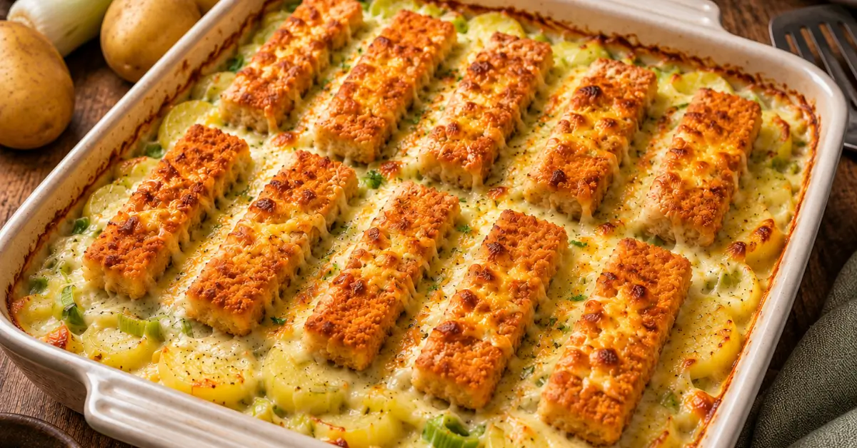 OVENSCHOTEL MET VISSTICKS, PREI EN AARDAPPEL in een ovenschaal
