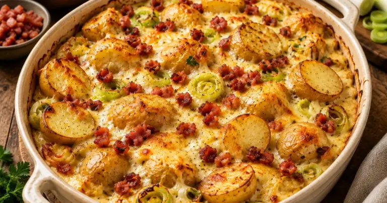 Romige krieltjes ovenschotel met prei, spekjes en kaas