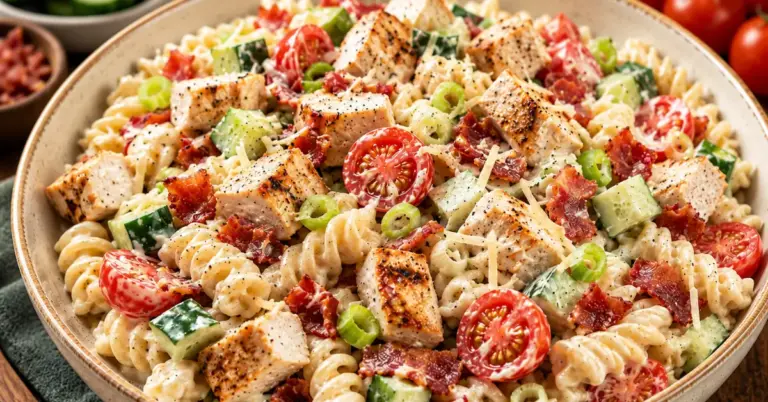 ROMIGE KIP-BACON PASTASALADE met fusilli, kip, bacon en frisse groenten