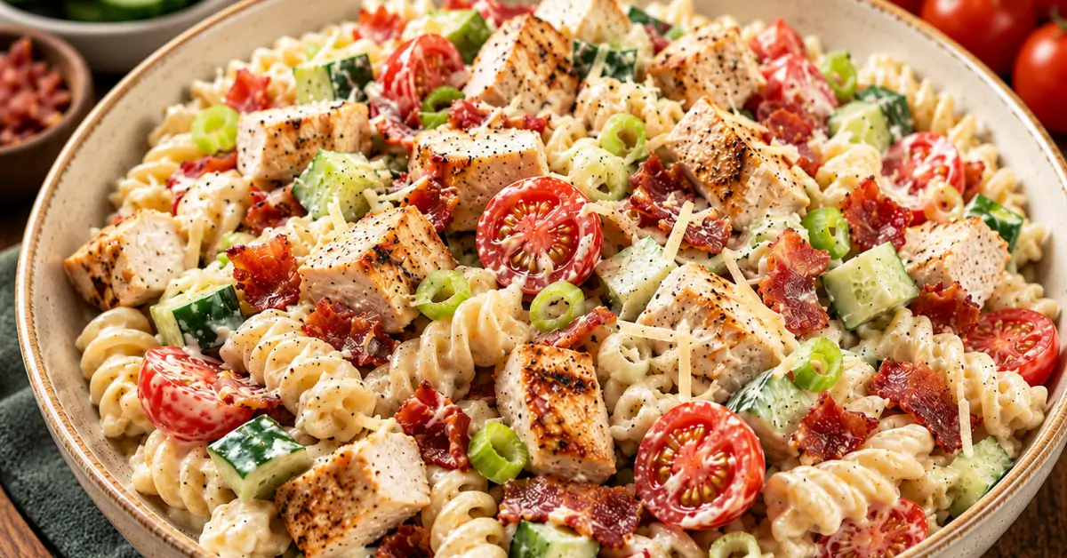 ROMIGE KIP-BACON PASTASALADE met fusilli, kip, bacon en frisse groenten