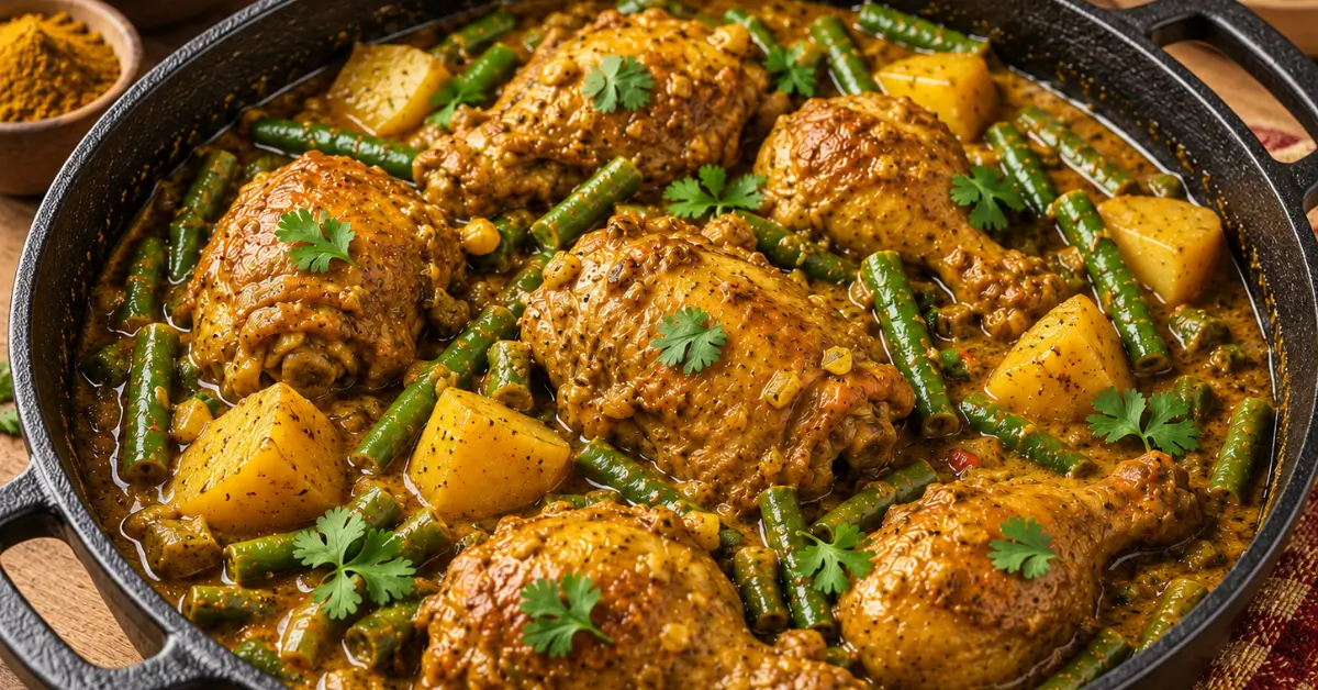 SURINAAMSE KIPPENSTOOF MET AARDAPPEL EN SPERZIEBONEN in een stoofpan