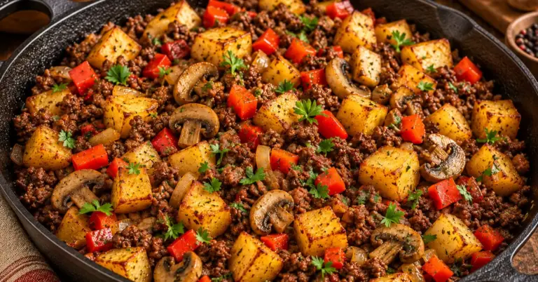 GOED GEVULDE BOERENPAN MET GEHAKT EN KROKANTE AARDAPPELEN in een ruime pan