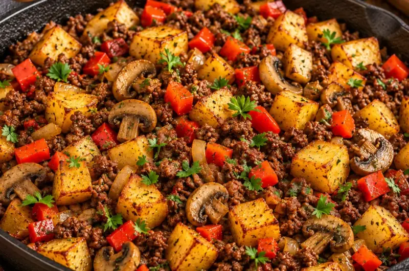 Goed gevulde boerenpan met gehakt en krokante aardappelen