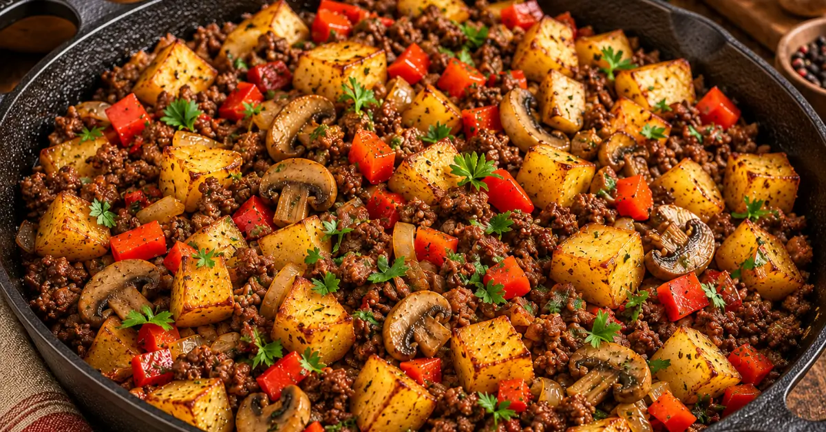 GOED GEVULDE BOERENPAN MET GEHAKT EN KROKANTE AARDAPPELEN in een ruime pan